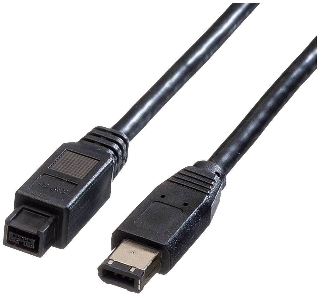 Ein schwarzes IEEE 1394 FireWire-Kabel mit zwei unterschiedlichen Steckverbindern auf weißem Hintergrund. Links ein 4-poliger Stecker, rechts ein 6-poliger Stecker.