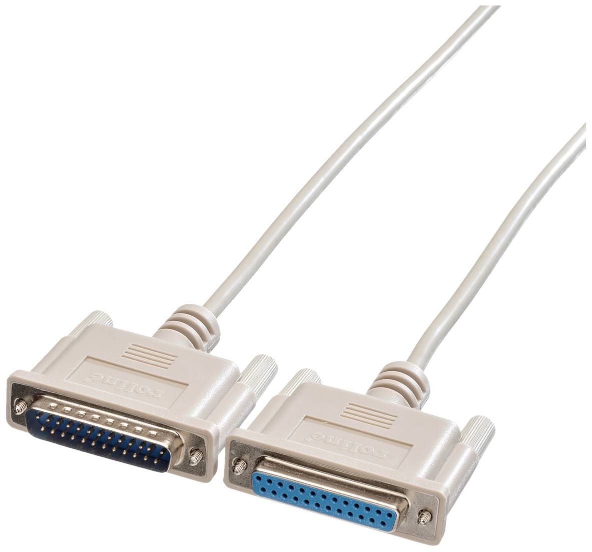 Zwei parallele Kabelstecker mit grauen Kunststoffgehäusen und Metallpins, nebeneinander liegend.