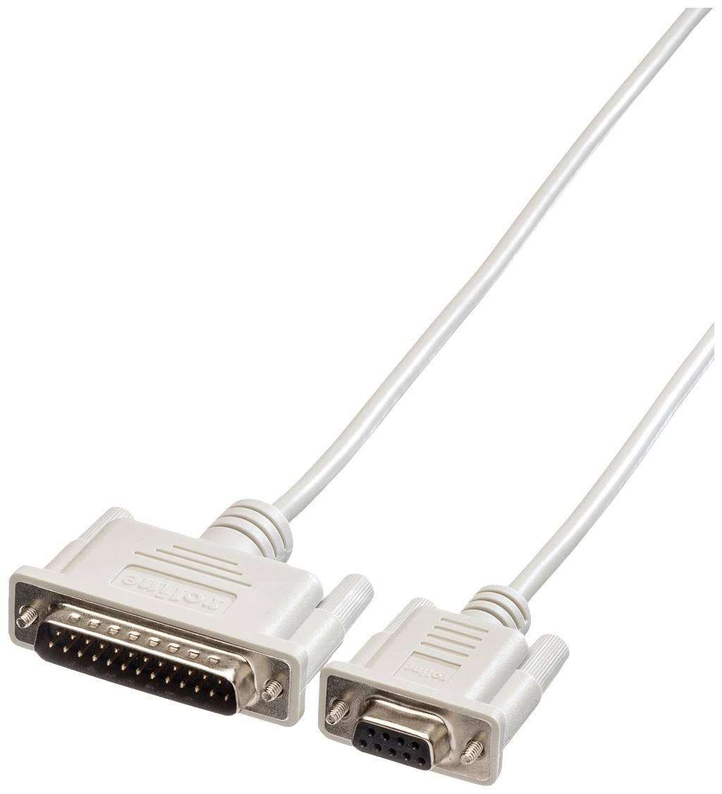 Ein graues serielles Kabel mit großem, rechteckigem Stecker mit vielen Pins und kleinem, rechteckigem Stecker mit wenigen Pins.