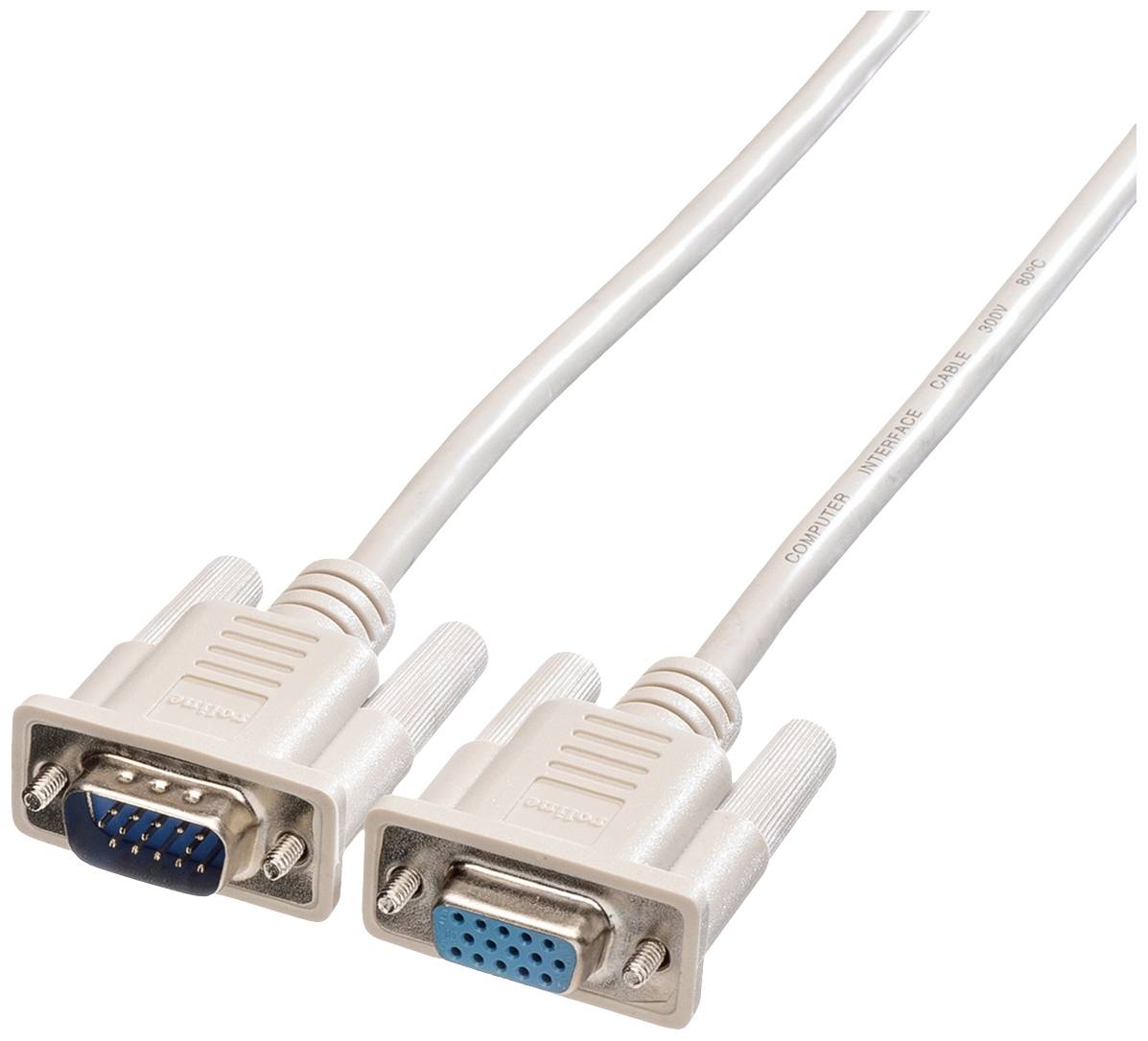 Ein VGA-Kabel mit zwei Steckern, einem männlichen (links) und einem weiblichen (rechts), verwendet für Videoverbindungen zwischen Geräten.