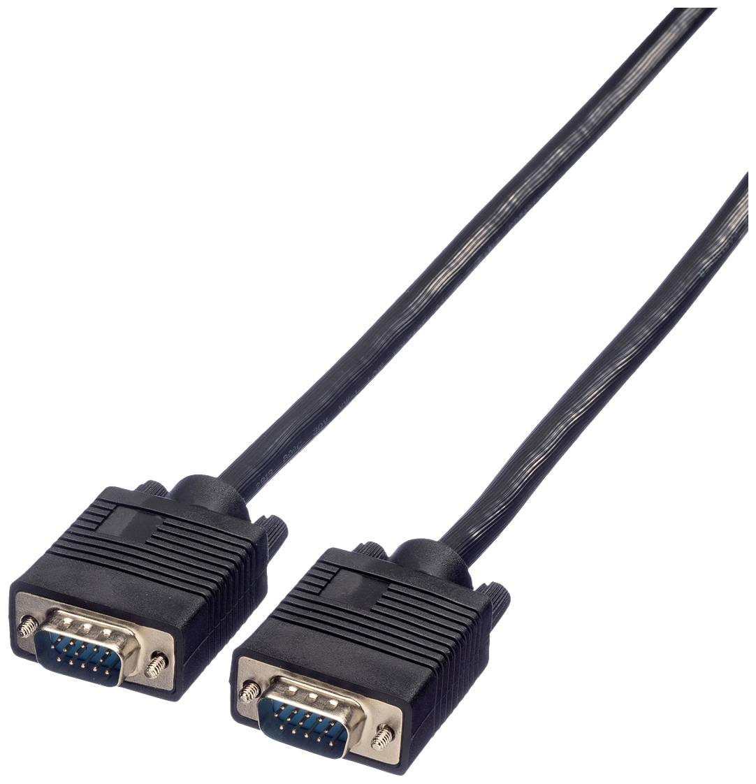 Zwei schwarze VGA-Kabel mit blauen Anschlüssen und goldenen Kontakten.