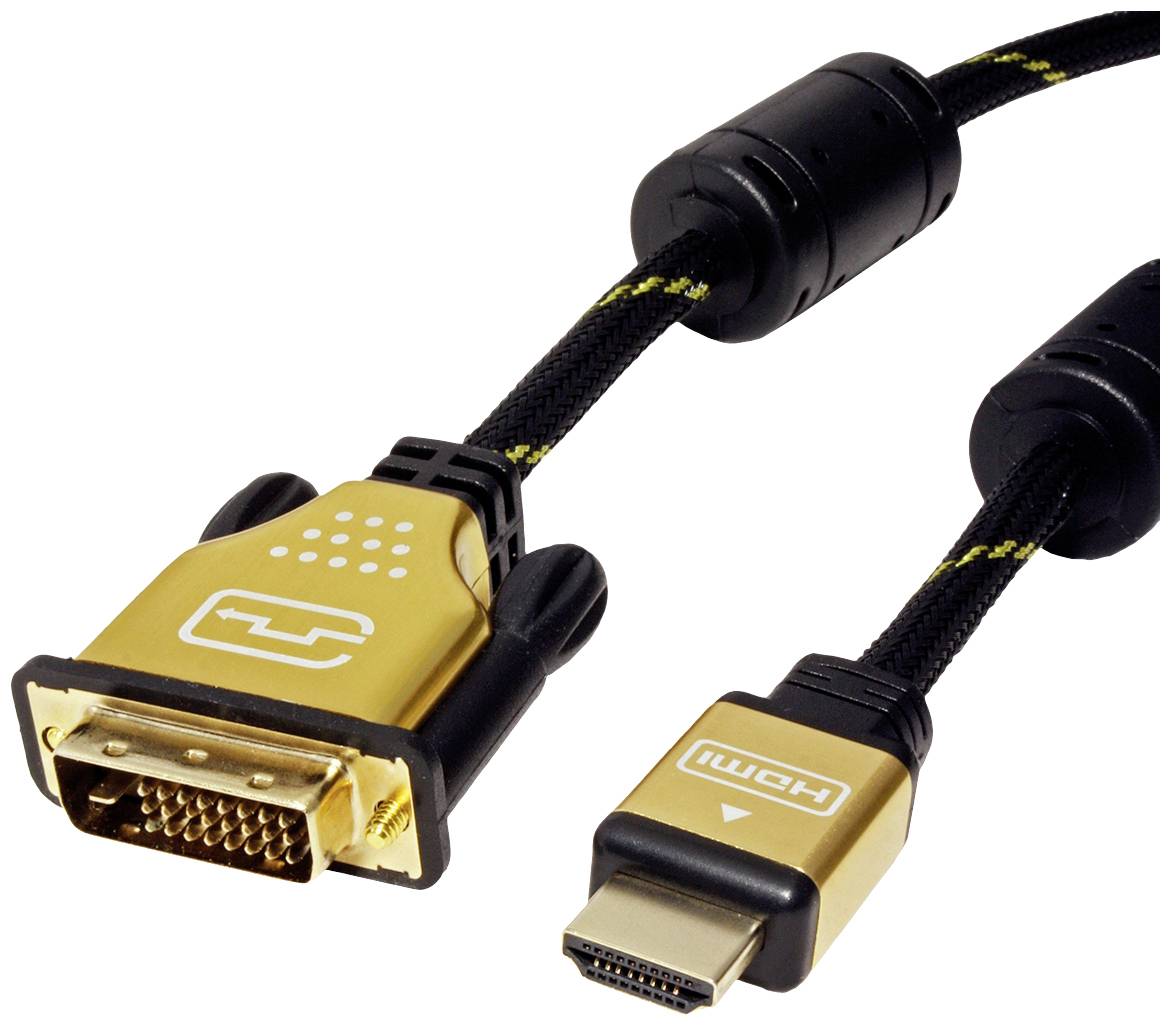 Ein DVI-zu-HDMI-Kabel mit vergoldeten Anschlüssen. Links befindet sich der DVI-Stecker, rechts der HDMI-Stecker.