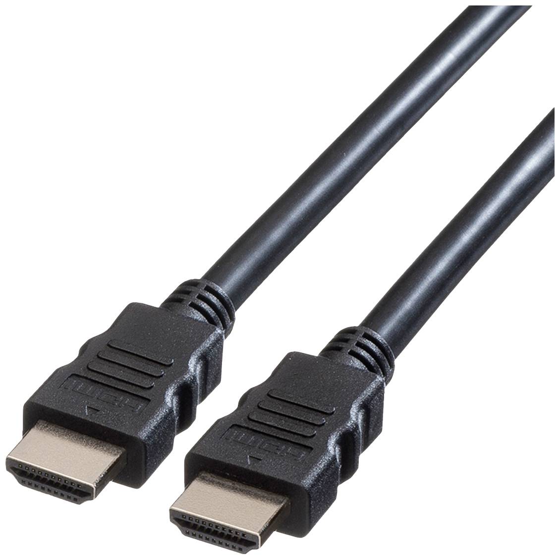 Ein schwarzes HDMI-Kabel mit zwei Steckern, das zur Übertragung von Audio- und Videosignalen zwischen Geräten verwendet wird.