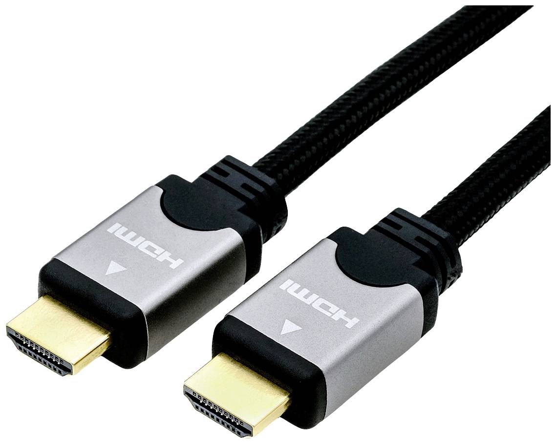 Ein schwarzes HDMI-Kabel mit zwei silbernen Steckverbindern. Adapterenden zeigen nach unten. Kabel ist für Audio-/Video-Verbindungen geeignet.