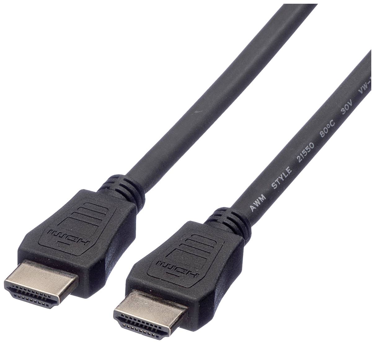 Zwei schwarze HDMI-Kabelstecker auf weißem Hintergrund, verbunden mit einem Kabel, das Audio- und Videosignale übertragen kann.