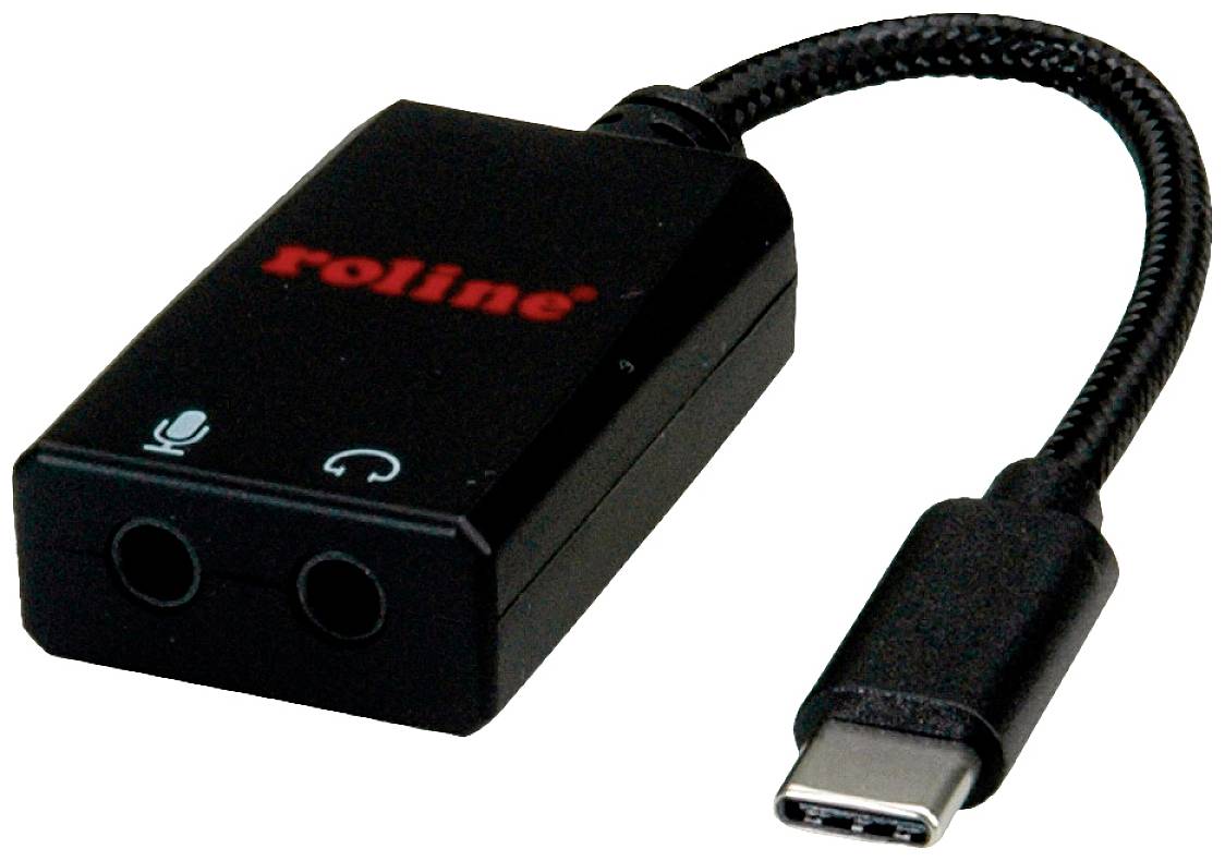 Ein USB-C-zu-Audio-Adapter mit zwei 3,5-mm-Anschlüssen, geeignet für Kopfhörer und Mikrofonanschluss an einem USB-C-fähigen Gerät.