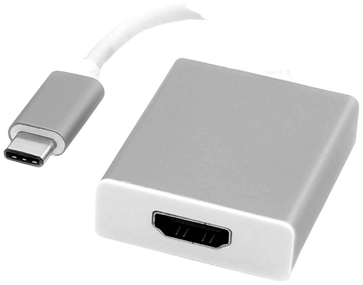 USB-C-auf-HDMI-Adapter in silberner Farbe.