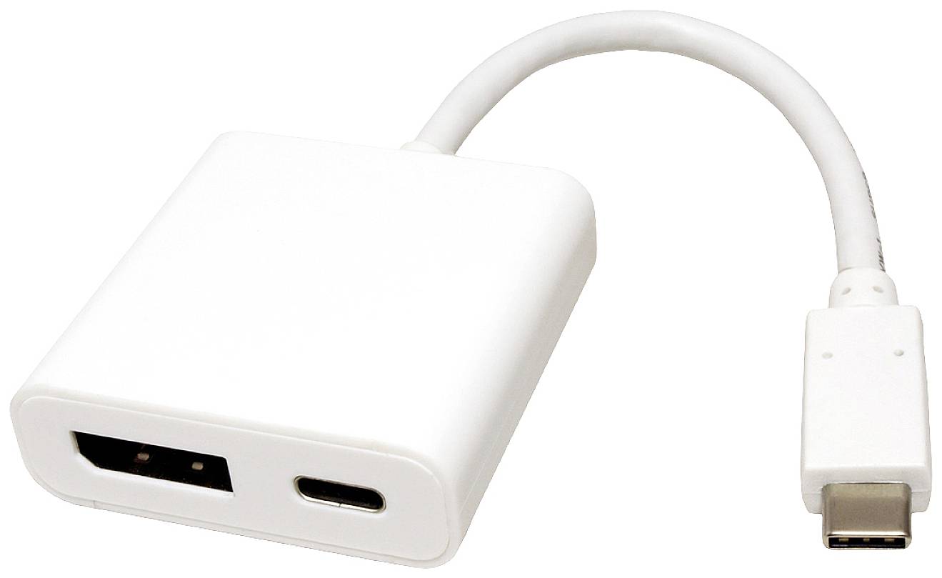 Weißer Adapter mit USB-C-Stecker und HDMI- und USB-C-Buchsen. Verbindet Geräte mit USB-C zu HDMI-Anzeigegeräten.