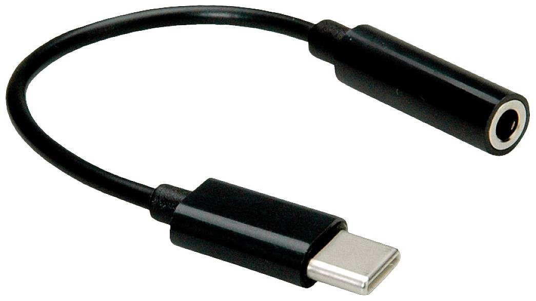 Ein schwarzes Adapterkabel mit USB-C-Stecker und 3,5-mm-Audiobuchse, das zum Anschluss von Kopfhörern an Geräte ohne Audioanschluss dient.