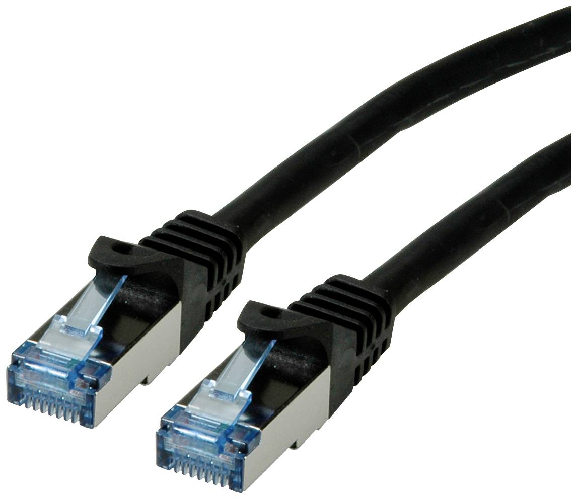 Zwei schwarze Ethernet-Kabel mit blauen Steckern, die für Netzwerkverbindungen verwendet werden.