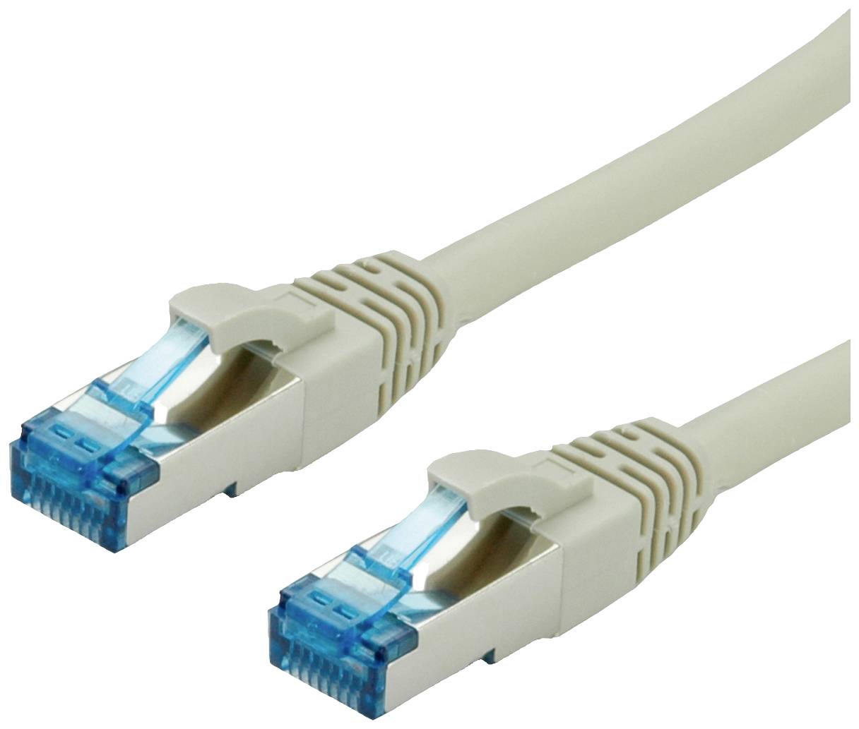 Ein graues Ethernet-Kabel mit zwei blauen RJ-45-Steckern, verwendet zur Verbindung von Netzwerkgeräten für Datenübertragung.