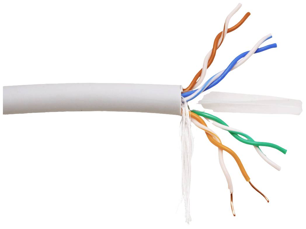 Ein ungeschirmtes Twisted-Pair-Kabel, UTP, mit paarweise verdrillten Adern in verschiedenen Farben zur Datenübertragung.