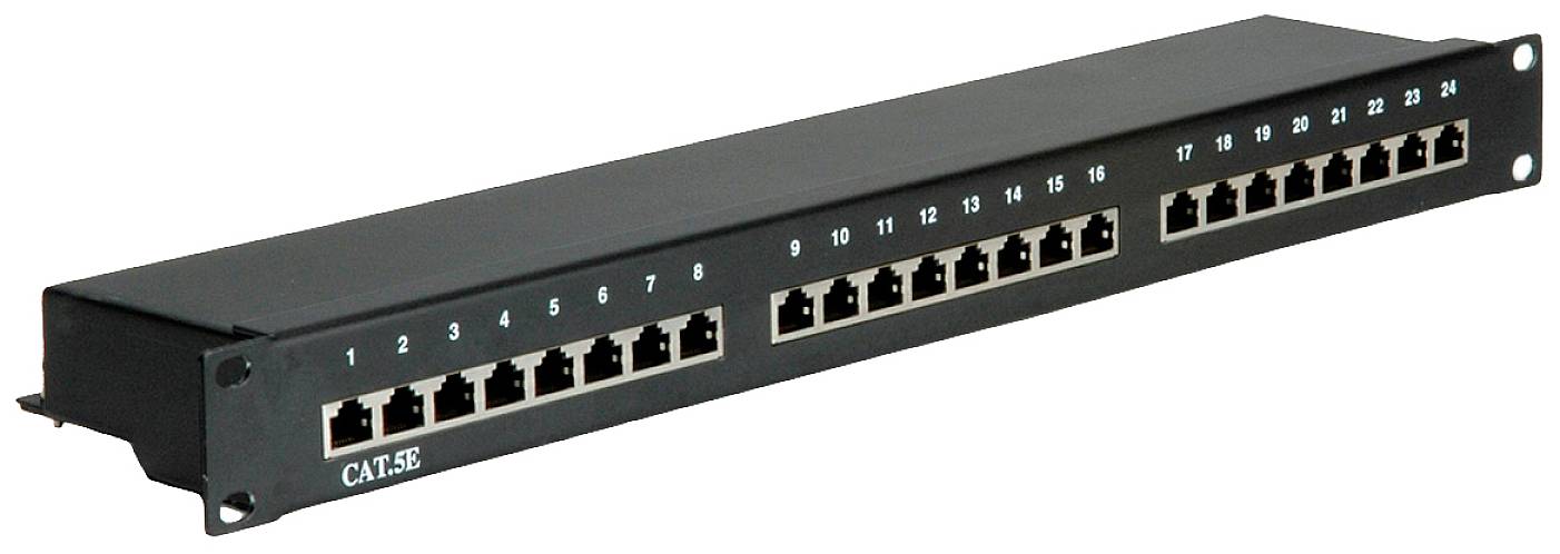 Patchpanel mit 24 RJ45-Ports für Netzwerkkabel, beschriftet mit den Zahlen 1 bis 24, verwendet zur Organisation und Verteilung von Netzwerkverbindungen.