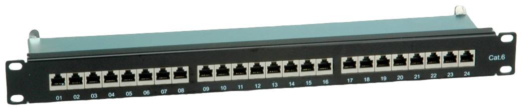 Ein Patchpanel mit 24 RJ45-Anschlüssen, nummeriert von 1 bis 24, für die Netzwerkverkabelung in einem Rechenzentrum oder Büro.