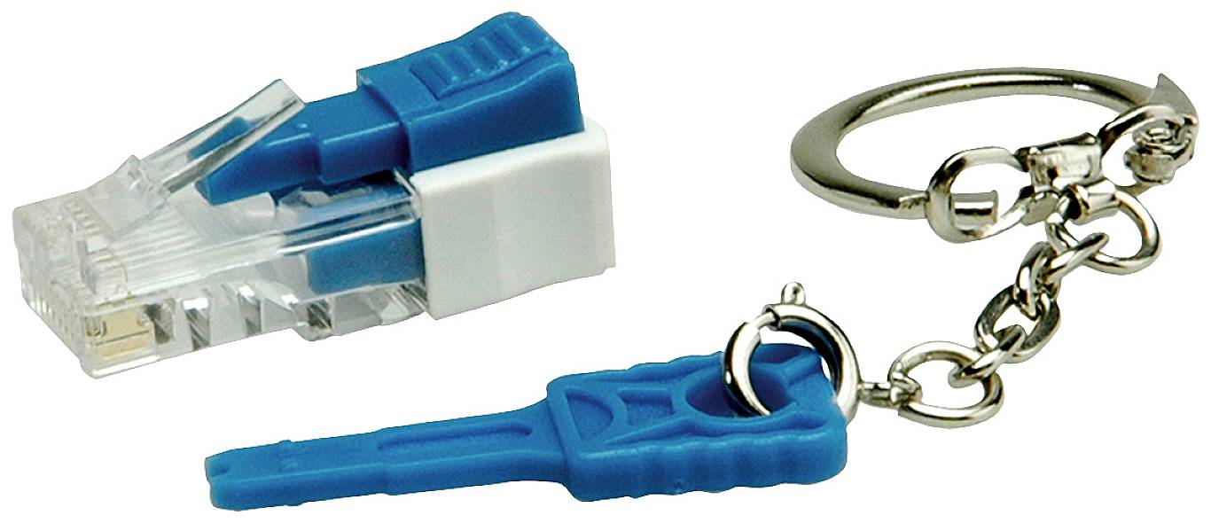 Ein Schlüsselanhänger in Form eines blauen Netzwerkkabels neben einem echten RJ45-Stecker mit blauem Hebel.