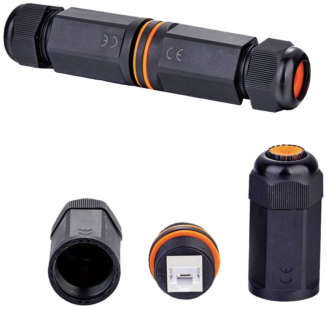 Ein wasserdichter Kabelverbinder in Schwarz und Orange, zylindrisch mit Schraubverschlüssen; geeignet für sichere elektrische Verbindungen.