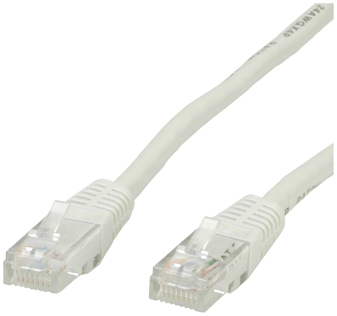 Ein weißes Ethernet-Kabel mit RJ45-Steckern an beiden Enden, verwendet für Netzwerkverbindungen.