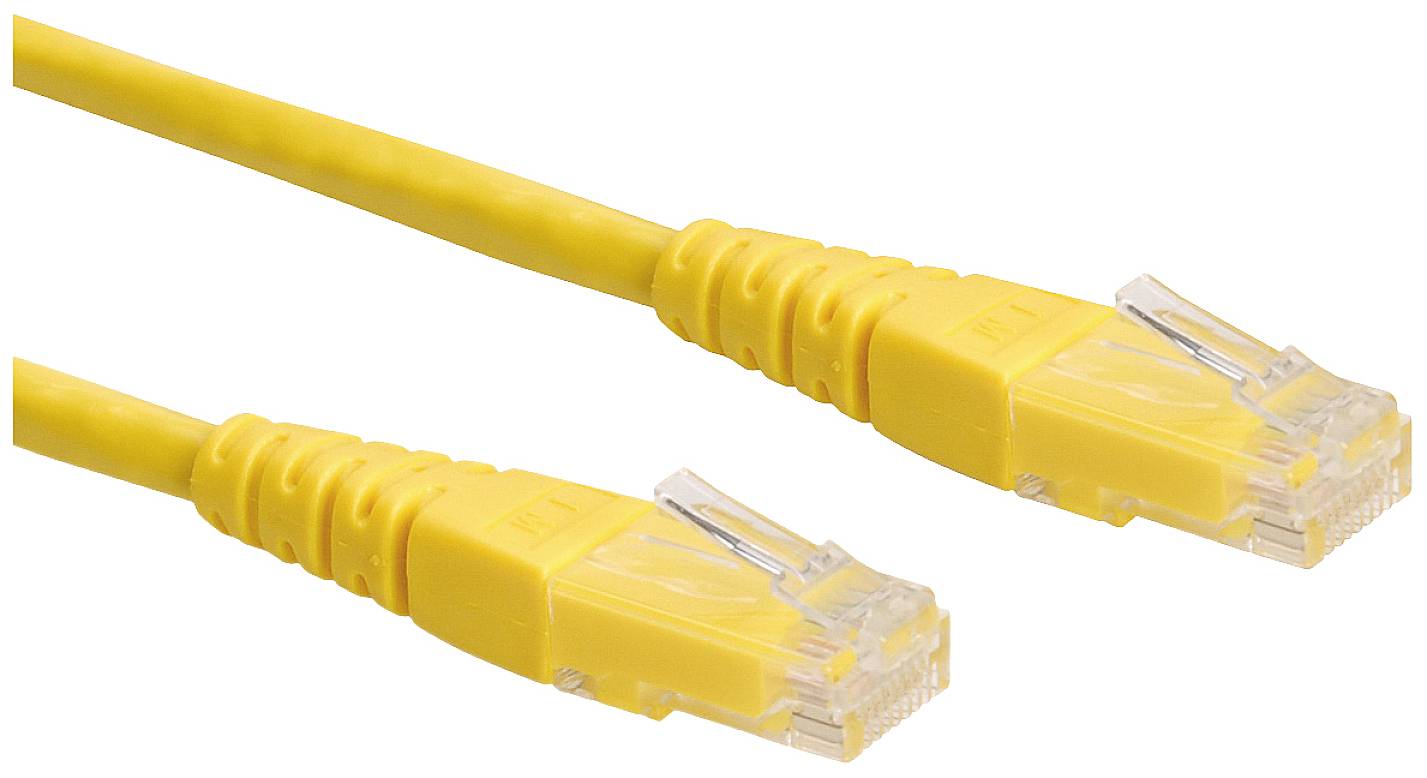 Gelbes Ethernet-Kabel mit zwei RJ45-Steckern, verwendet zur Netzwerkverbindung von Geräten.