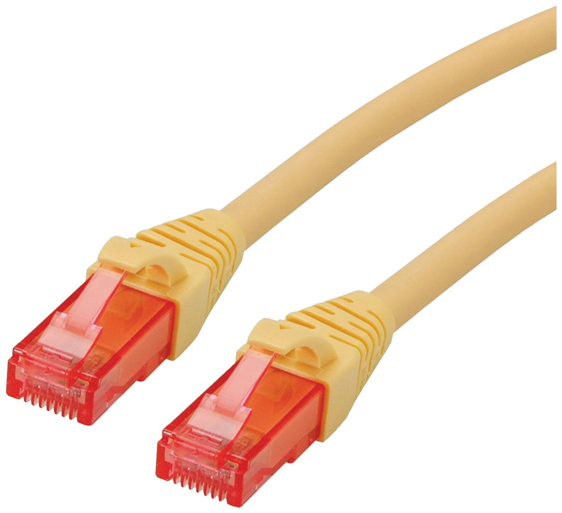 Ein gelbes Netzwerkkabel mit zwei roten RJ45-Steckern an den Enden, die für LAN-Verbindungen verwendet werden.