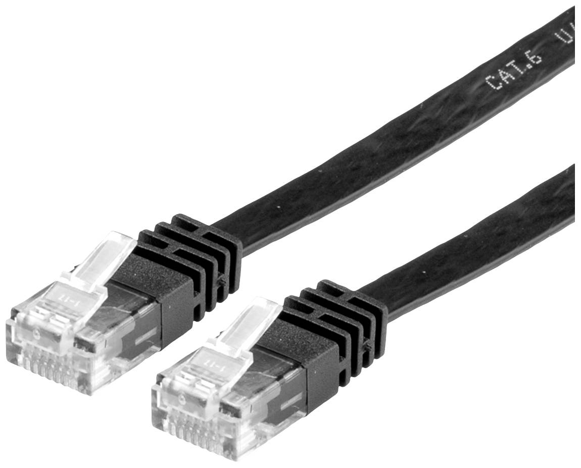 Ein schwarzes Ethernet-Kabel mit zwei RJ-45-Steckern. Es wird verwendet, um Geräte in einem Netzwerk zu verbinden.