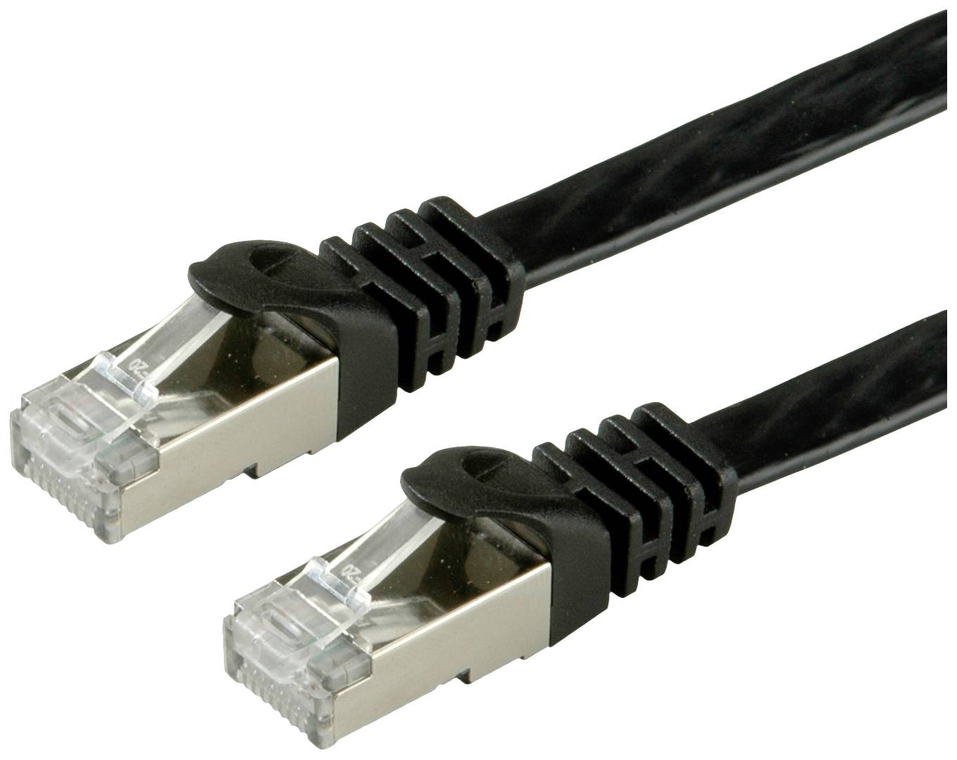 Zwei schwarze Ethernet-Kabel mit RJ45-Steckern nebeneinander.