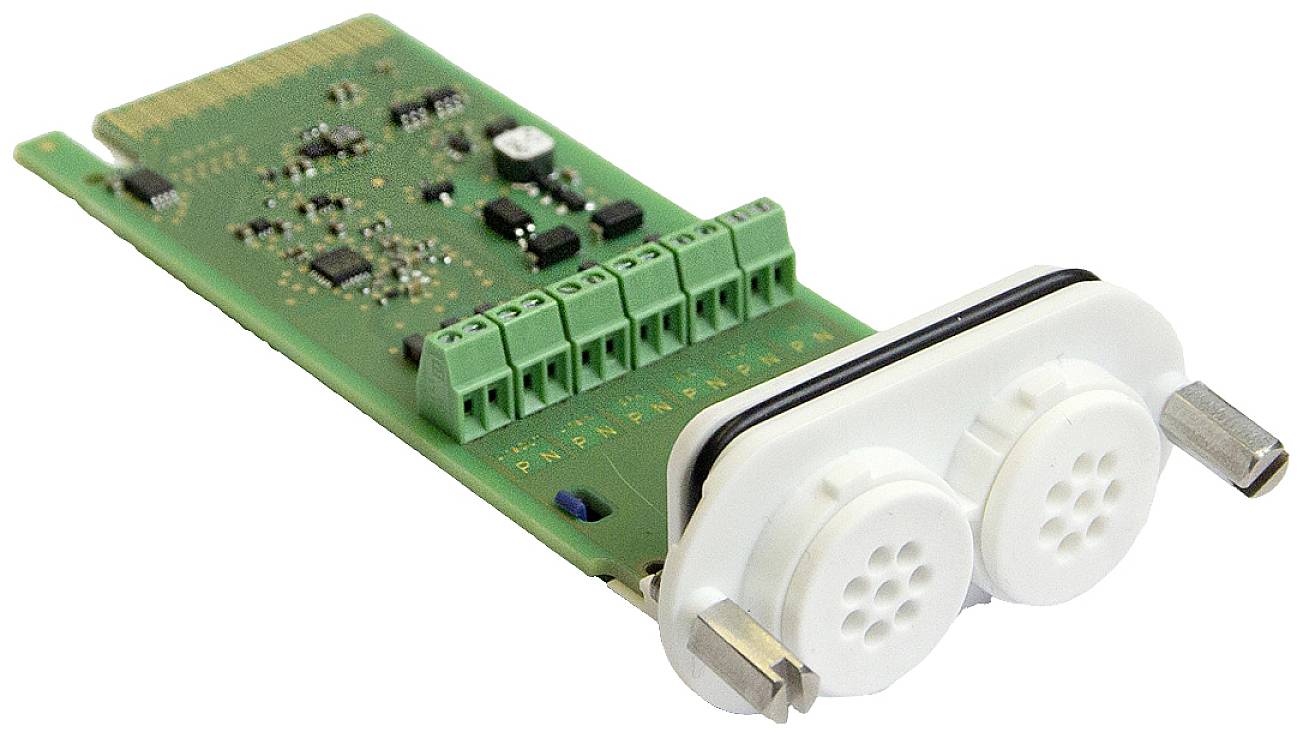 Elektronisches Sensorboard mit grüner Leiterplatte und weißen Sensoren, vermutlich zur Messung von Umgebungsbedingungen.