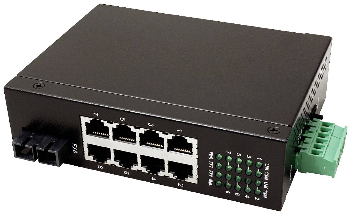Ein schwarzer Ethernet-Switch mit acht Ports und grüner LED-Anzeige, zeigt den Netzwerkstatus an.
