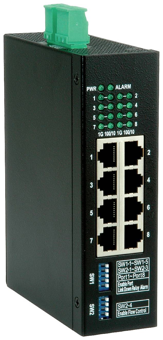 Industrieller Ethernet-Switch mit acht Ports, Anzeige-LEDs für Power und Alarm; robuste, schwarze Gehäusebauweise.