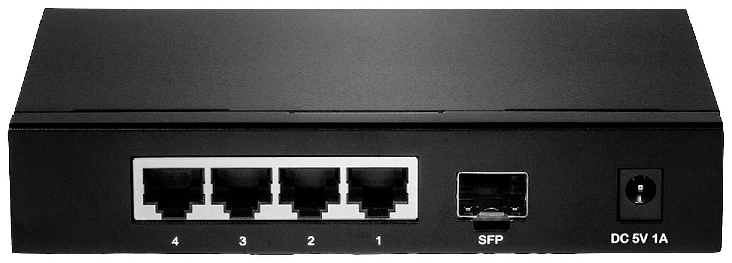 Ein schwarzer Netzwerk-Switch mit vier Ethernet-Ports '1-4', einem SFP-Port und einer Strombuchse 'DC 5V 1A' auf der Rückseite.