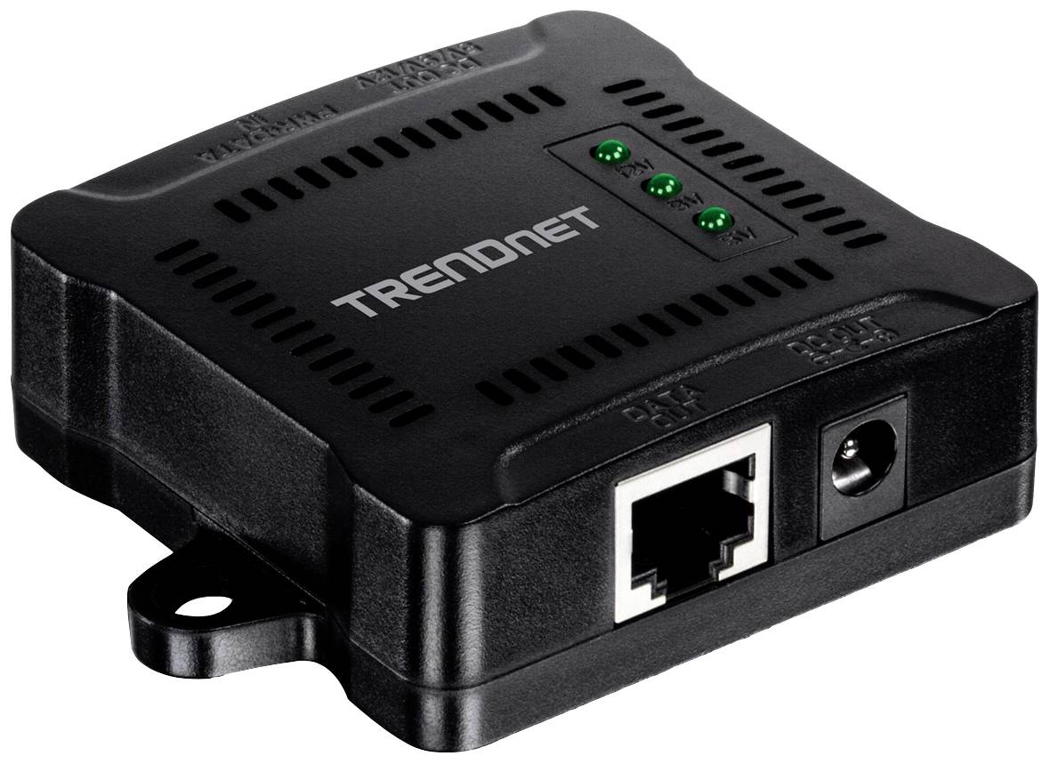 Schwarzer Netzwerkadapter von TRENDnet mit einem Ethernet-Anschluss und drei Status-LEDs.