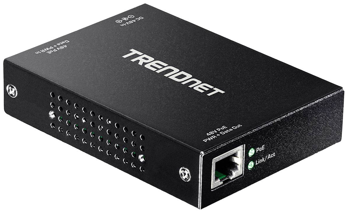 Ein schwarzer TRENDnet PoE-Adapter mit LED-Anzeigen und Ethernet-Anschluss. Markentext oben. Verwendet für Netzwerkverbindungen.