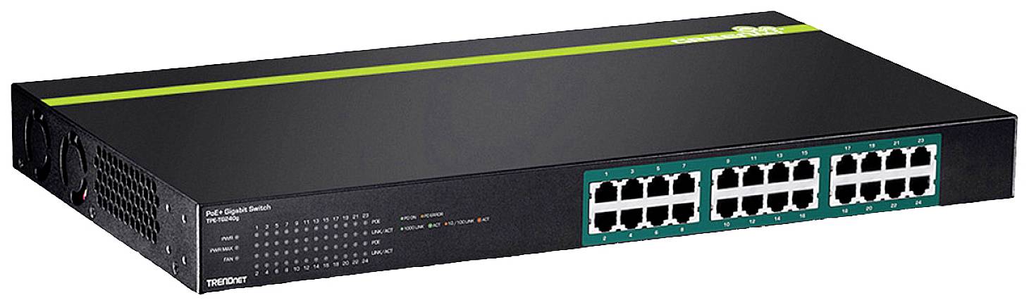 Netzwerkswitch mit 24 Ethernet-Ports und LED-Anzeigen zur Statusüberwachung, geeignet für den Einsatz in Firmennetzwerken.