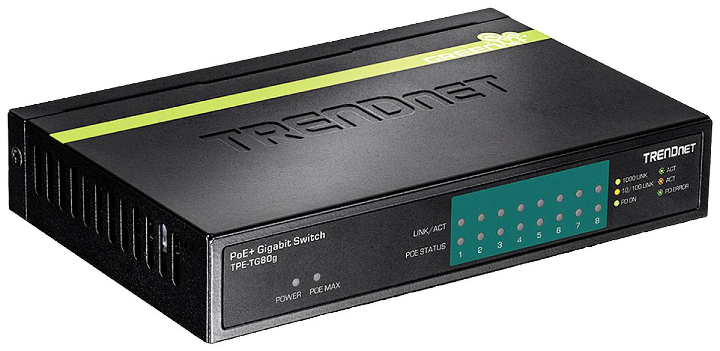 'Trendnet PoE-Gigabit-Switch TPE-TG80g' mit schwarzem Gehäuse, grüner Statusanzeige und mehreren Netzwerkanschlüssen.