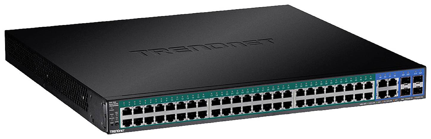 Schwarzer TRENDnet Netzwerk-Switch mit 48 Ethernet-Ports und mehreren LEDs an der Vorderseite, geeignet für professionelle Netzwerke.