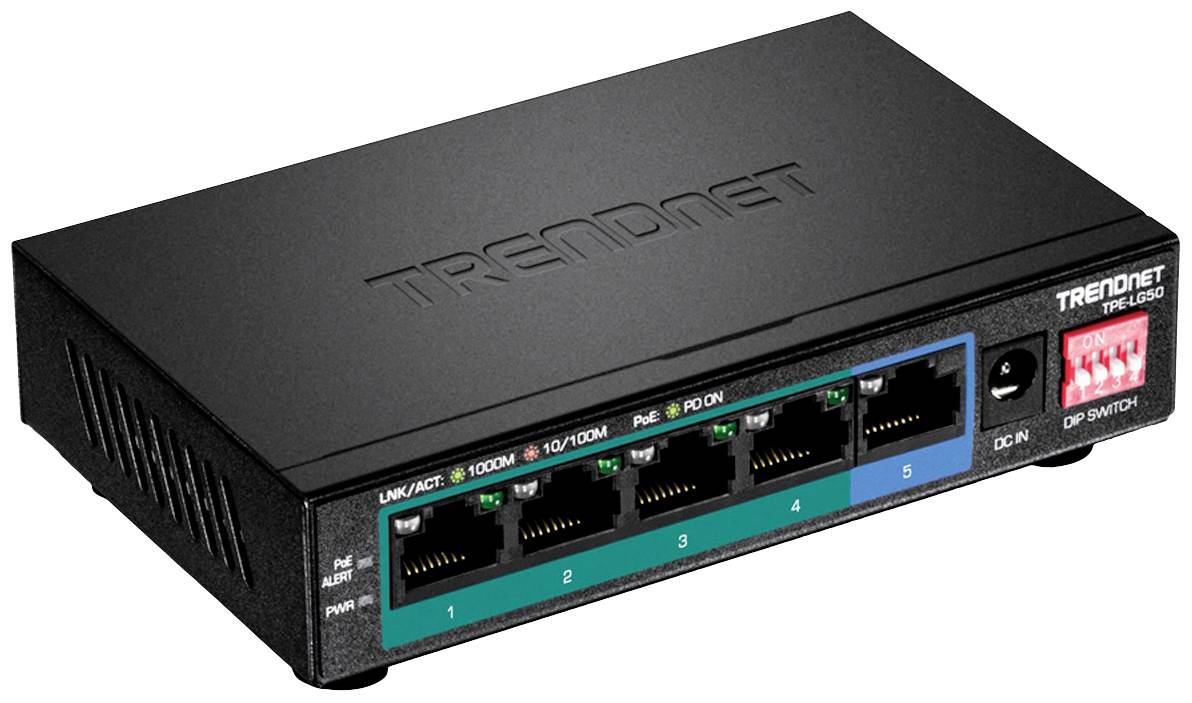 Fünf-Port-Gigabit-PoE-Switch mit schwarzem Gehäuse. Vorne Ports gekennzeichnet, rote DIP-Schalter rechts, Marke 'TRENDnet'.