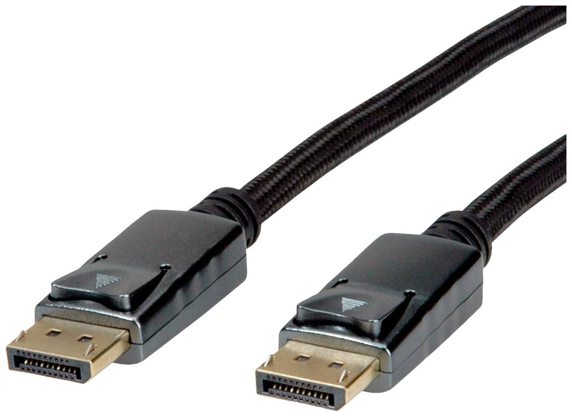 Ein schwarz beschichtetes DisplayPort-Kabel mit zwei Steckern für die Verbindung von Geräten wie Monitoren und Computern.