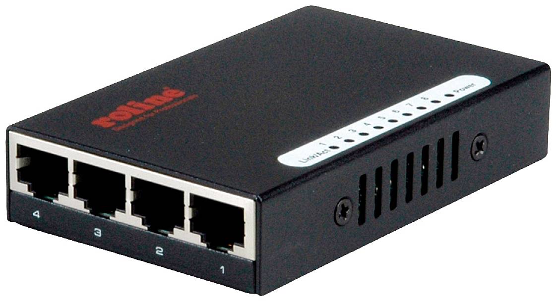 Ein schwarzer Netzwerk-Switch mit vier Ethernet-Ports auf der Vorderseite und Status-LEDs oben.