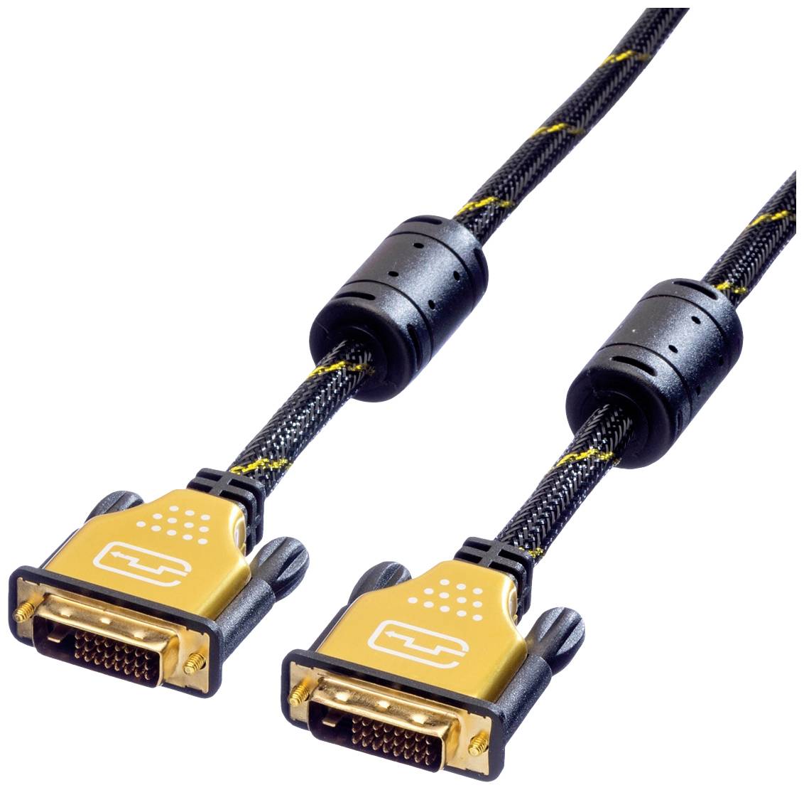Zwei DVI-Kabel mit vergoldeten Steckern und schwarzen, geflochtenen Kabelummantelungen. Geeignet für die digitale Videoübertragung.