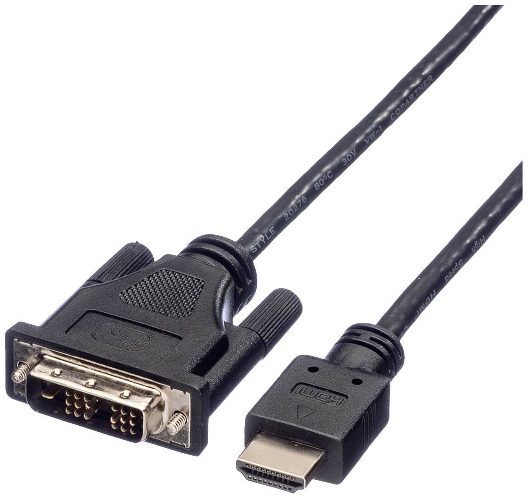 DVI-zu-HDMI-Kabeladapter: links DVI-Stecker, rechts HDMI-Stecker, zur Verbindung von Geräten für Audio- und Videosignale.
