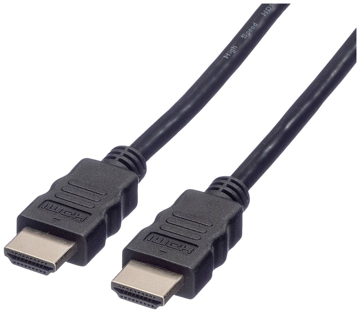Abgebildet ist ein schwarzes HDMI-Kabel mit zwei Anschlüssen, geeignet für die Übertragung von Audio- und Videosignalen.