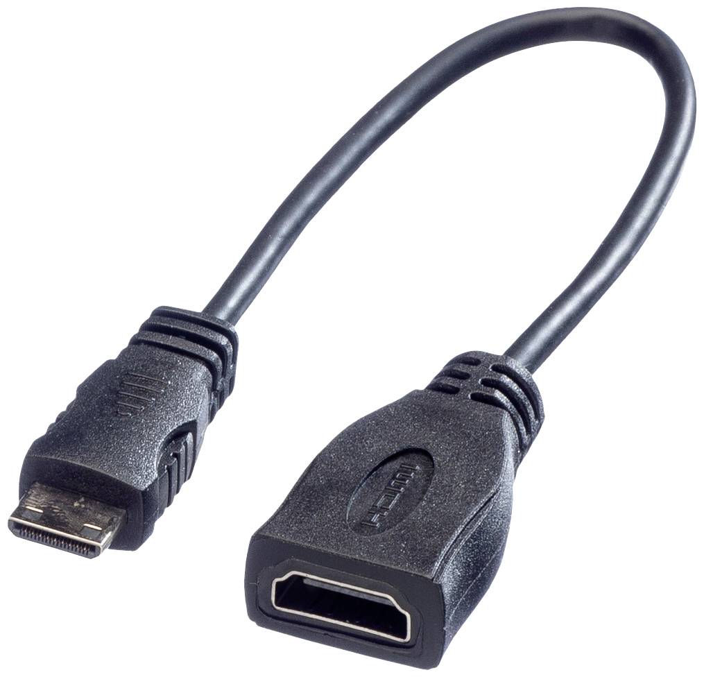 Ein kurzes HDMI-Verlängerungskabel mit einem Stecker am linken Ende und einer Buchse am rechten Ende, schwarz.
