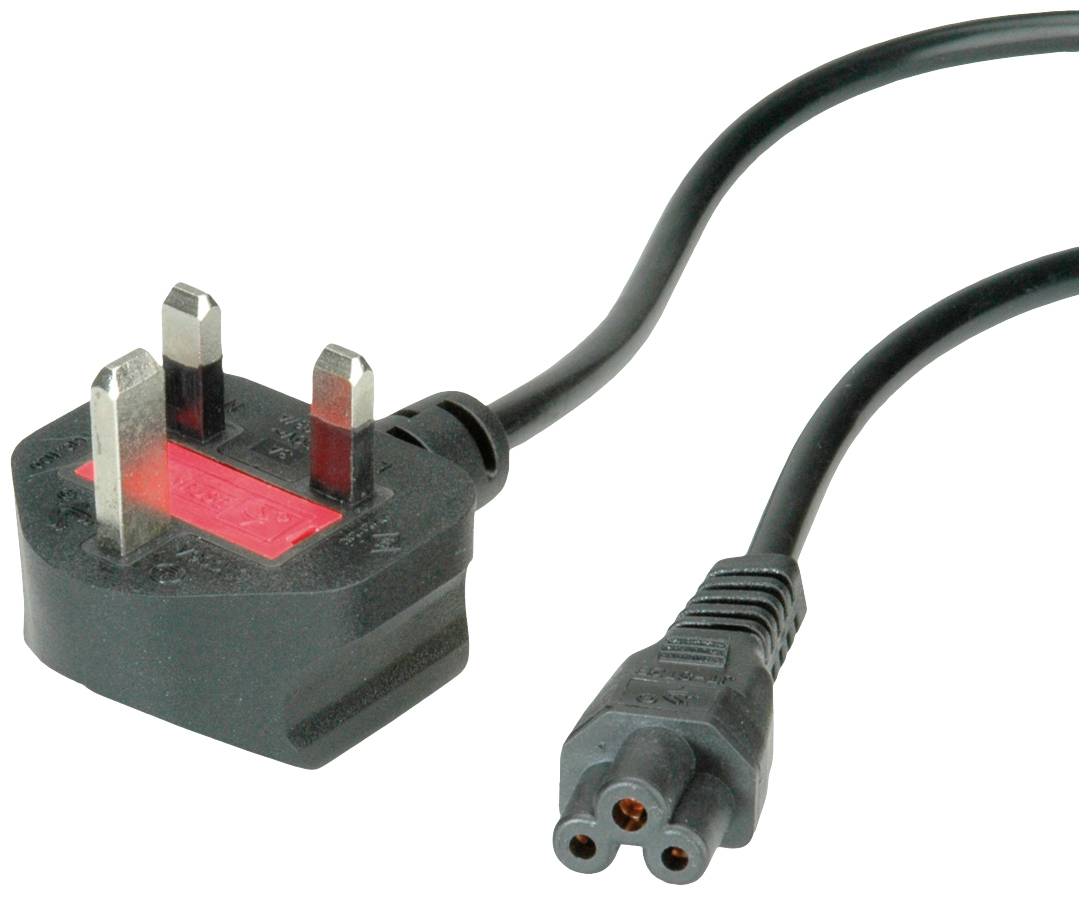 Abgebildet ist ein schwarzes Netzkabel mit einem UK-Stecker auf der einen und einem dreipoligen weiblichen Anschluss auf der anderen Seite.