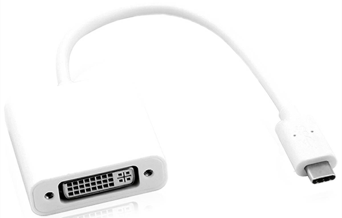 Ein weißer USB-C-zu-DVI-Adapter, mit dem elektronische Geräte mit DVI-kompatiblen Bildschirmen verbunden werden können.