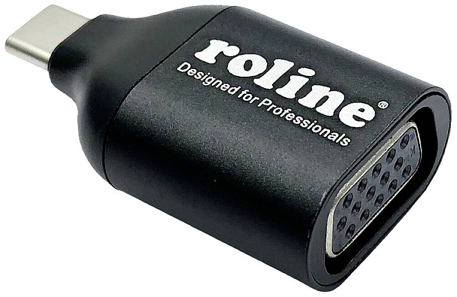 Ein Adapter von USB-C auf VGA, schwarzes Gehäuse, mit dem Text 'roline Designed for Professionals'. Ideal für Bildschirmanschlüsse.