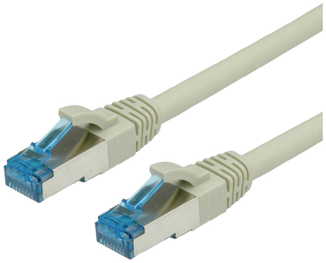 Ein beige Ethernet-Kabel mit zwei blauen RJ45-Steckern an beiden Enden.