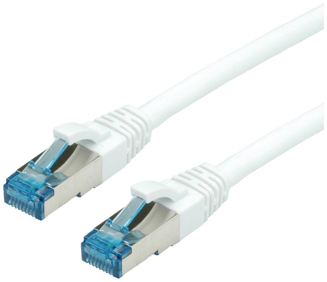 Ein weißes Ethernet-Kabel mit zwei blauen Steckern, geeignet für Netzwerkverbindungen.