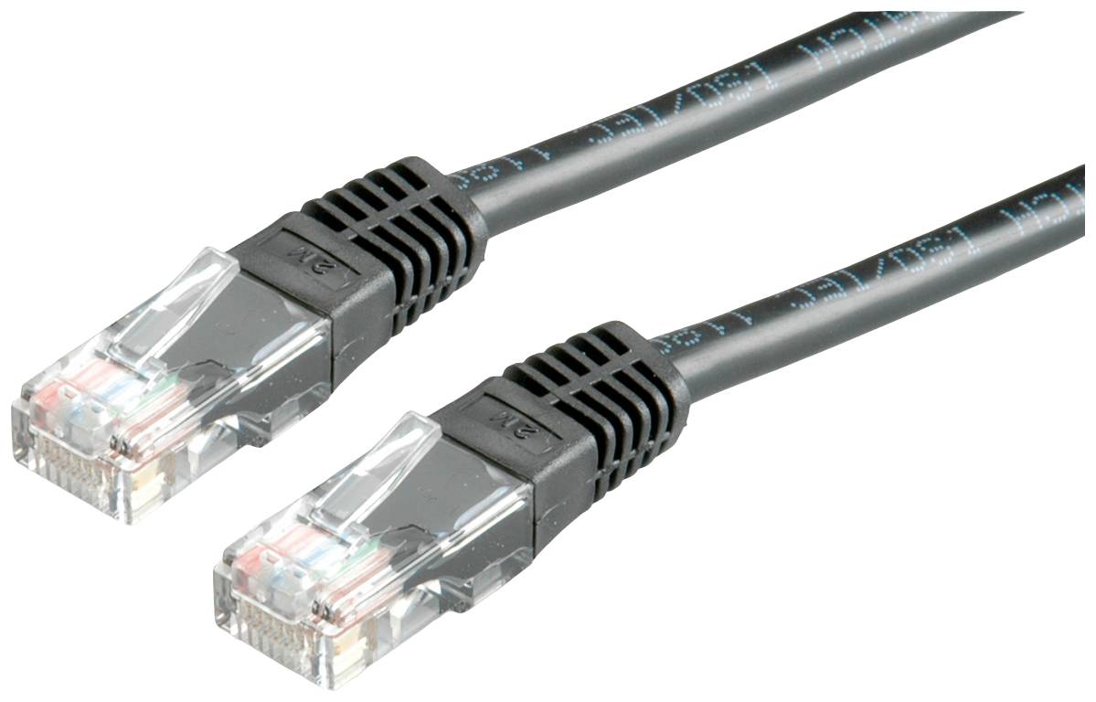 Zwei schwarze Ethernet-Kabel mit transparenten Steckern zeigen Netzwerktechnologie.