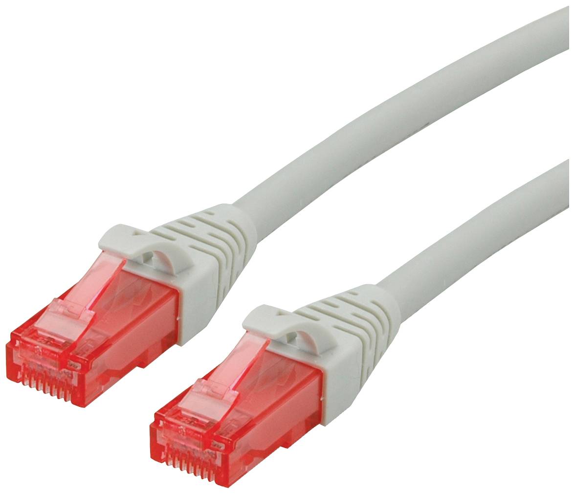 Zwei rote Ethernet-Stecker an einem grauen Kabel, verwendet zur Netzwerkverbindung.