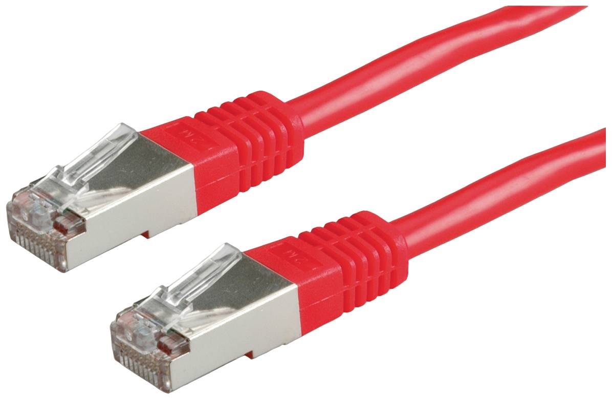 Zwei rote Ethernet-Kabel mit metallischen Steckern.