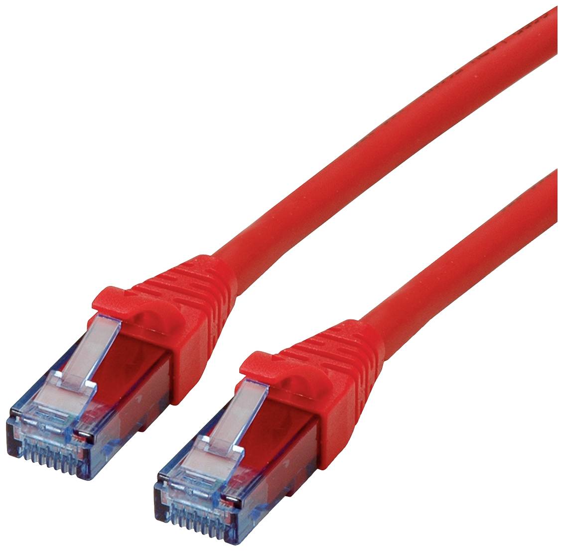Ein rotes Netzwerkkabel mit zwei RJ45-Steckern, verwendet zur Verbindung von Computern mit einem Netzwerk.